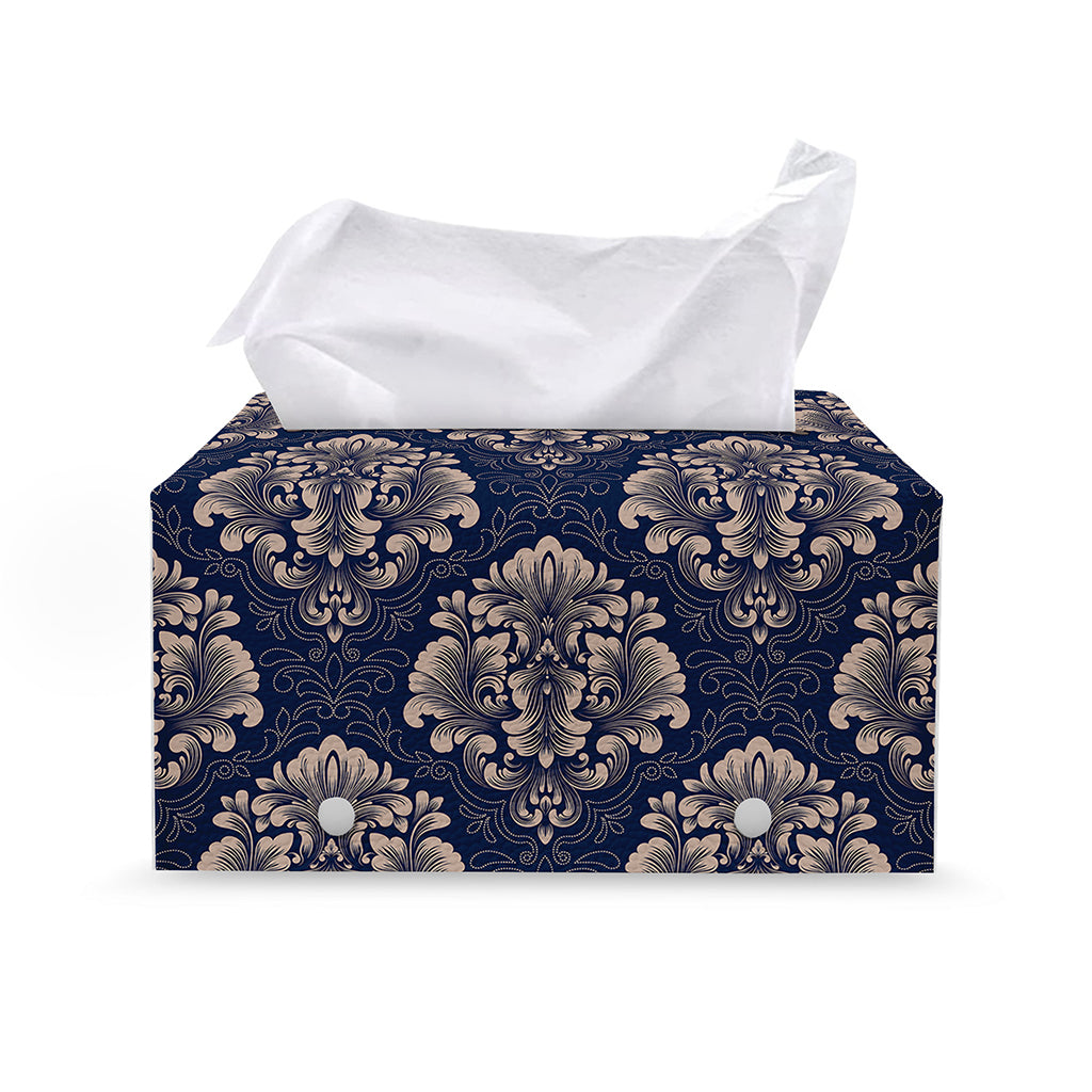 Blue And Brown Damask Pattern Print Leather Tissue Box Cover