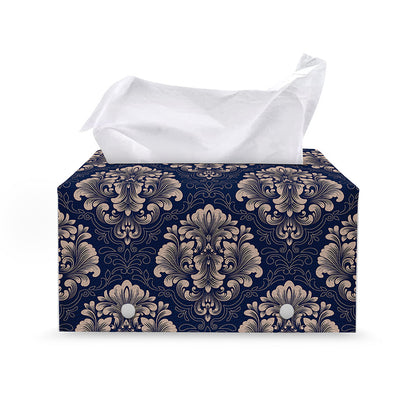 Blue And Brown Damask Pattern Print Leather Tissue Box Cover