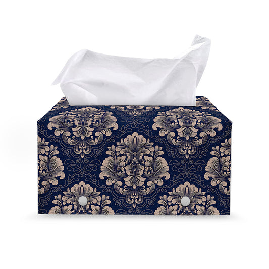 Blue And Brown Damask Pattern Print Leather Tissue Box Cover