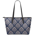 Blue And Brown Damask Pattern Print Leather Tote Bag With Zipper