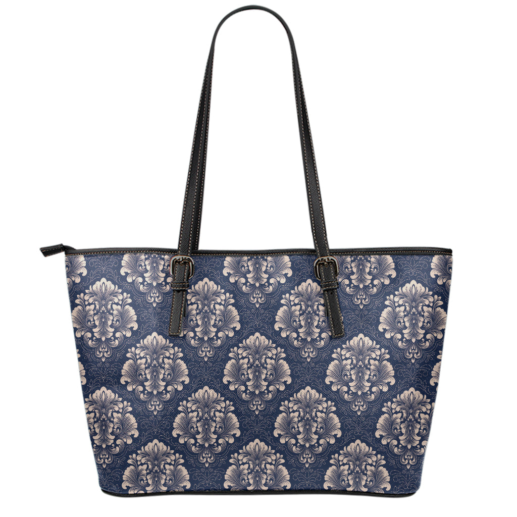 Blue And Brown Damask Pattern Print Leather Tote Bag