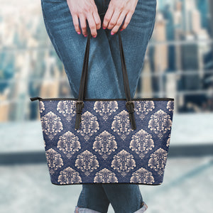Blue And Brown Damask Pattern Print Leather Tote Bag