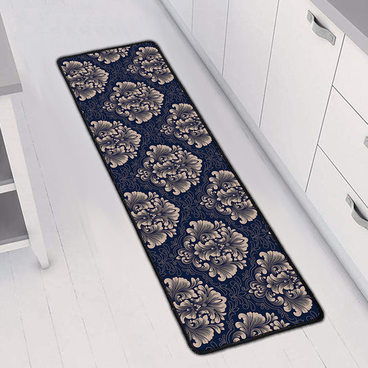 Blue And Brown Damask Pattern Print Long Kitchen Mat