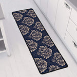 Blue And Brown Damask Pattern Print Long Kitchen Mat