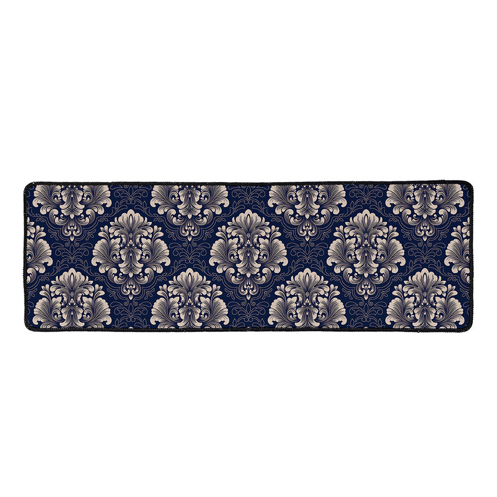 Blue And Brown Damask Pattern Print Long Kitchen Mat