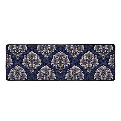 Blue And Brown Damask Pattern Print Long Kitchen Mat