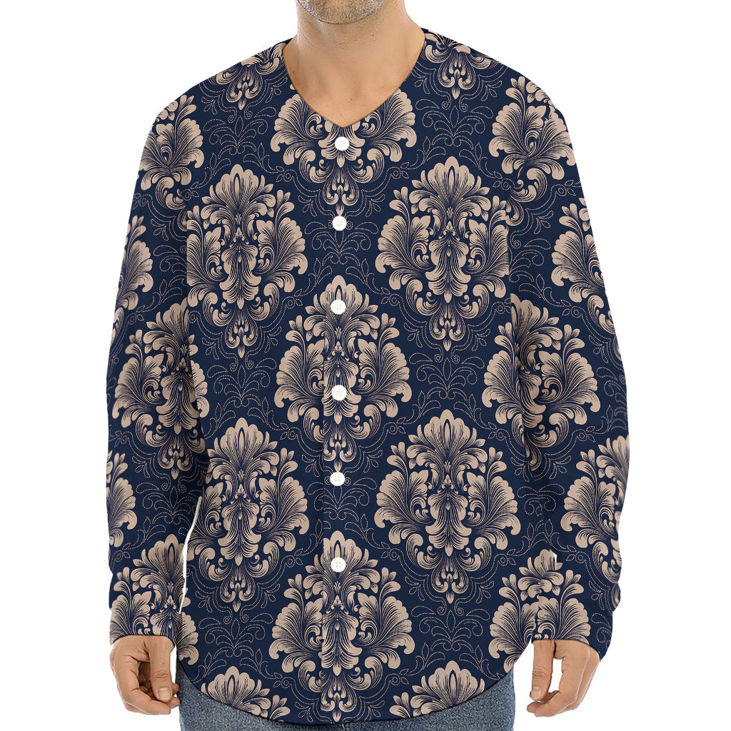 Blue And Brown Damask Pattern Print Long Sleeve Baseball Jersey