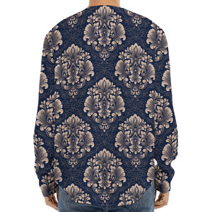 Blue And Brown Damask Pattern Print Long Sleeve Baseball Jersey