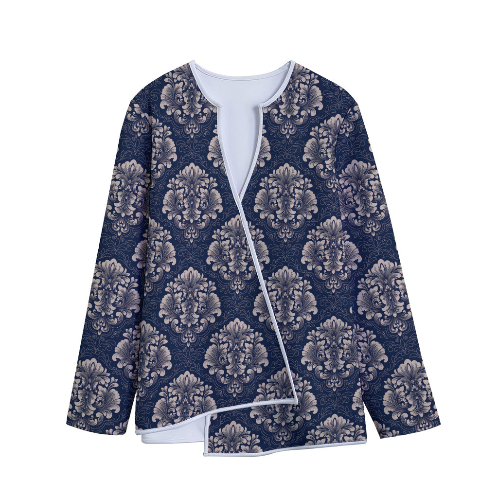 Blue And Brown Damask Pattern Print Long Sleeve Short Coat