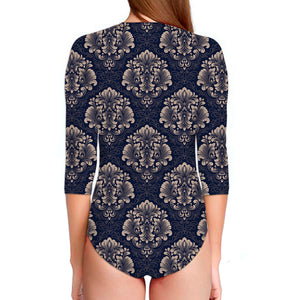 Blue And Brown Damask Pattern Print Long Sleeve Swimsuit