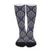 Blue And Brown Damask Pattern Print Long Socks