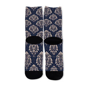 Blue And Brown Damask Pattern Print Long Socks