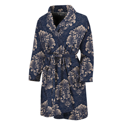 Blue And Brown Damask Pattern Print Men's Bathrobe