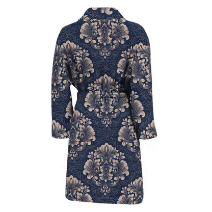 Blue And Brown Damask Pattern Print Men's Bathrobe