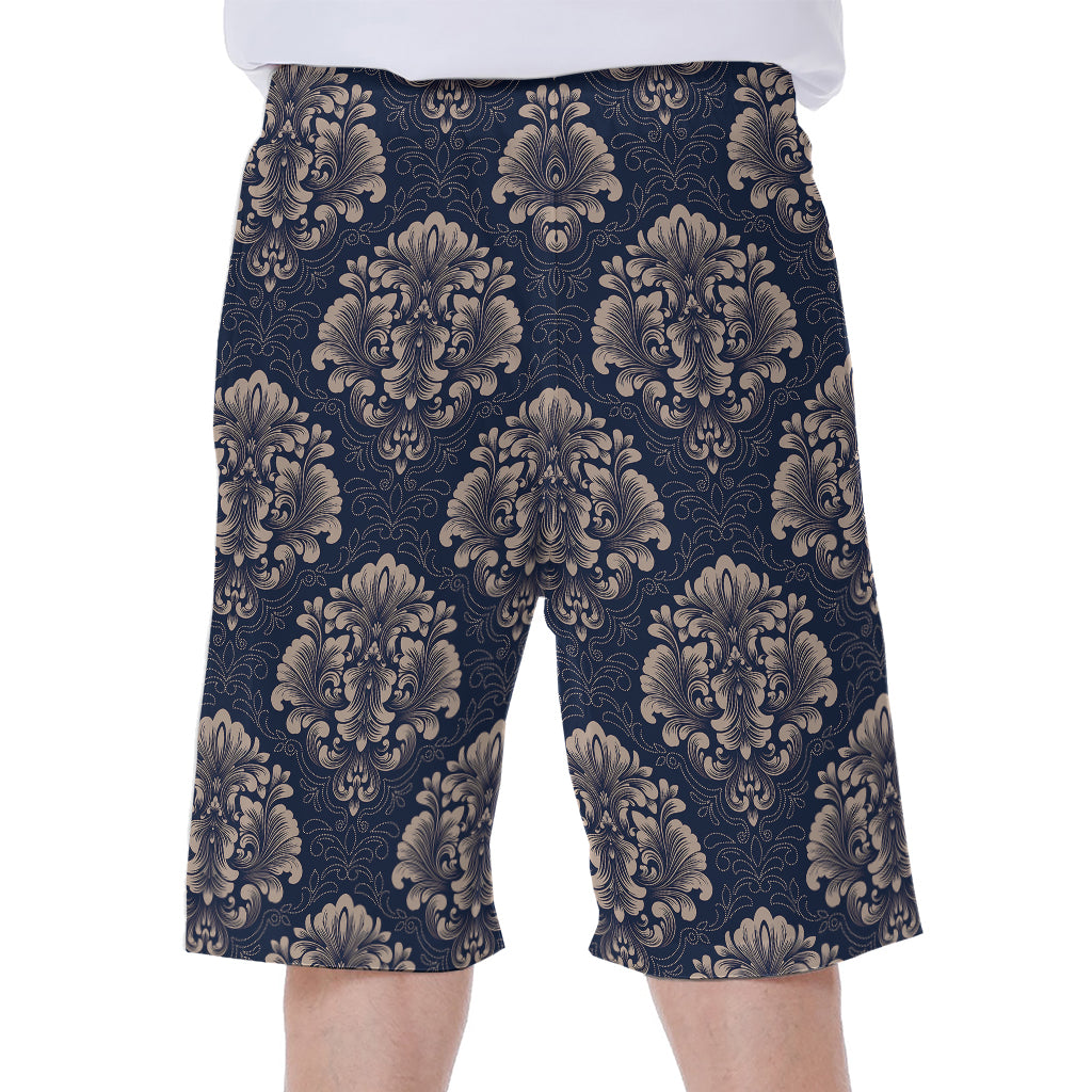 Blue And Brown Damask Pattern Print Men's Beach Shorts