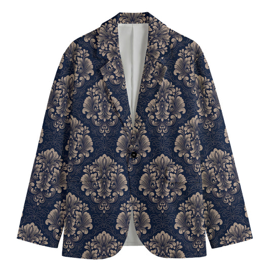 Blue And Brown Damask Pattern Print Men's Blazer