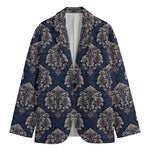Blue And Brown Damask Pattern Print Men's Blazer