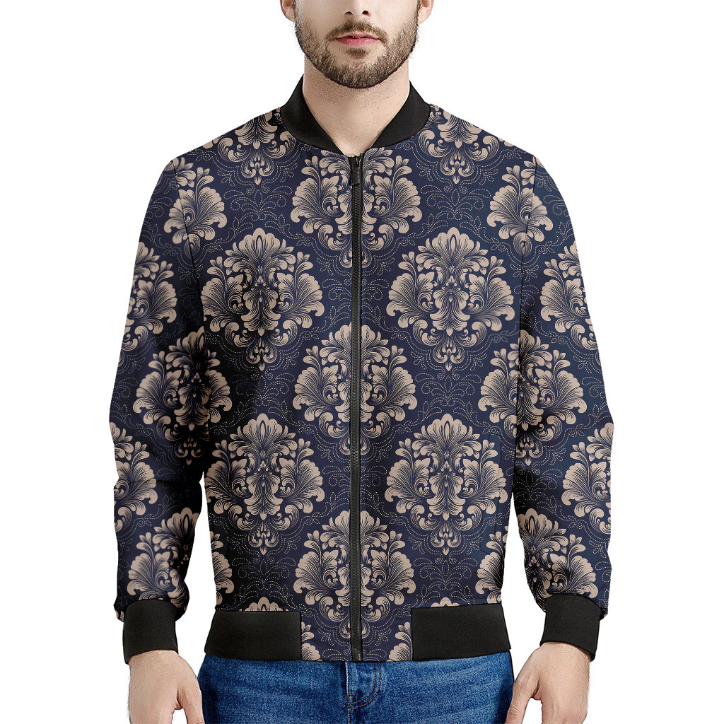 Blue And Brown Damask Pattern Print Men's Bomber Jacket