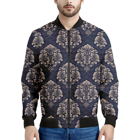 Blue And Brown Damask Pattern Print Men's Bomber Jacket