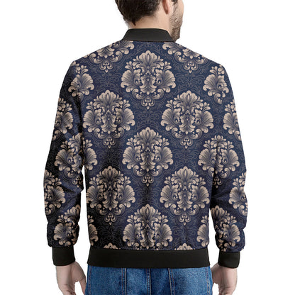 Blue And Brown Damask Pattern Print Men's Bomber Jacket