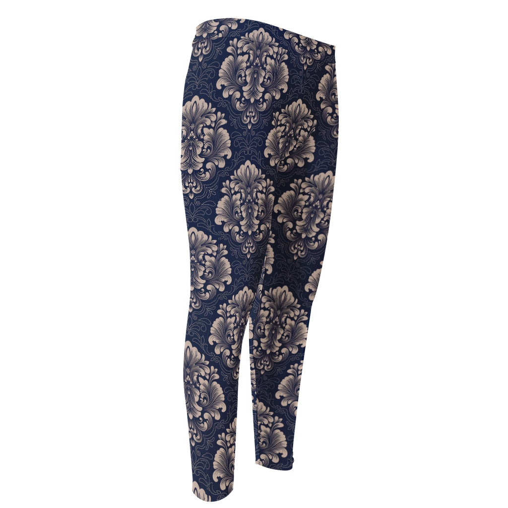 Blue And Brown Damask Pattern Print Men's Compression Pants