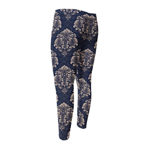 Blue And Brown Damask Pattern Print Men's Compression Pants