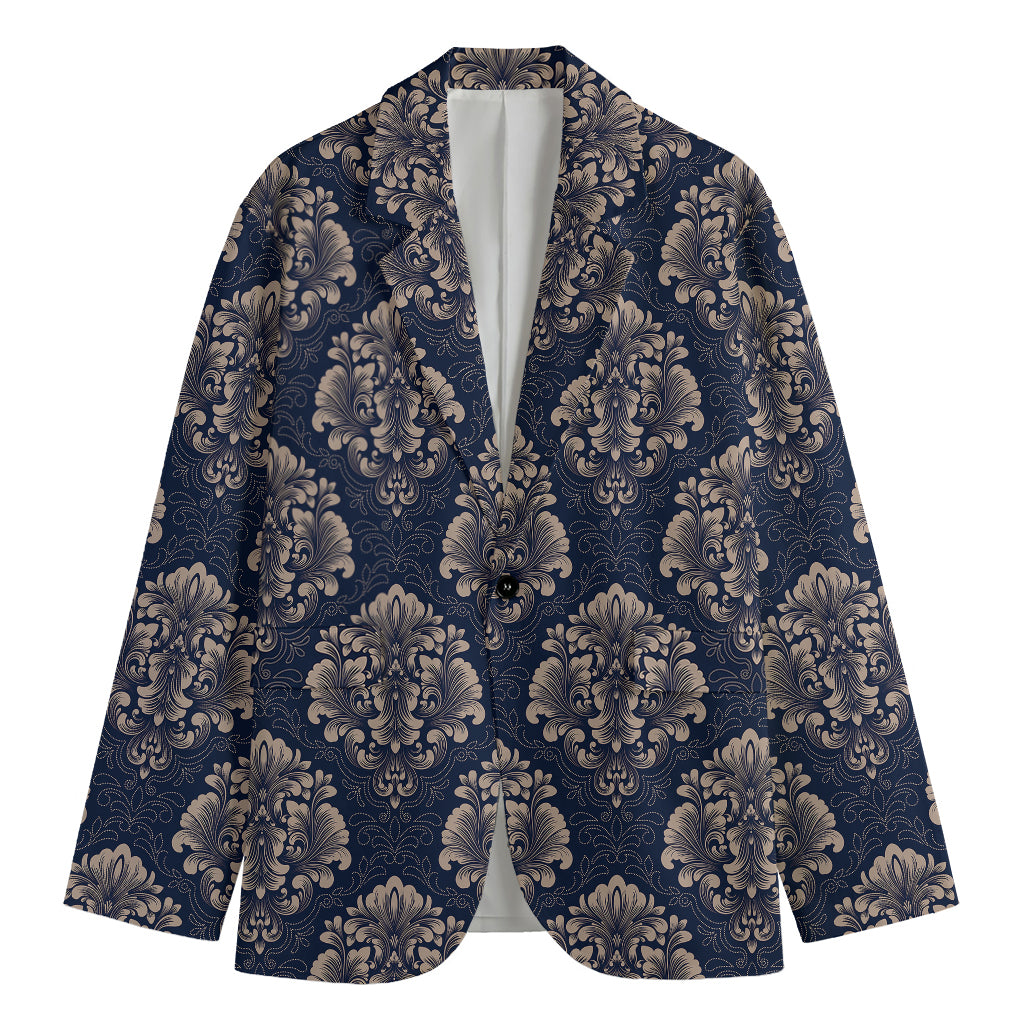 Blue And Brown Damask Pattern Print Men's Cotton Blazer