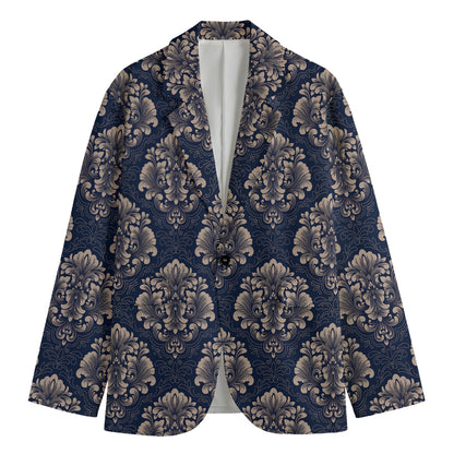 Blue And Brown Damask Pattern Print Men's Cotton Blazer