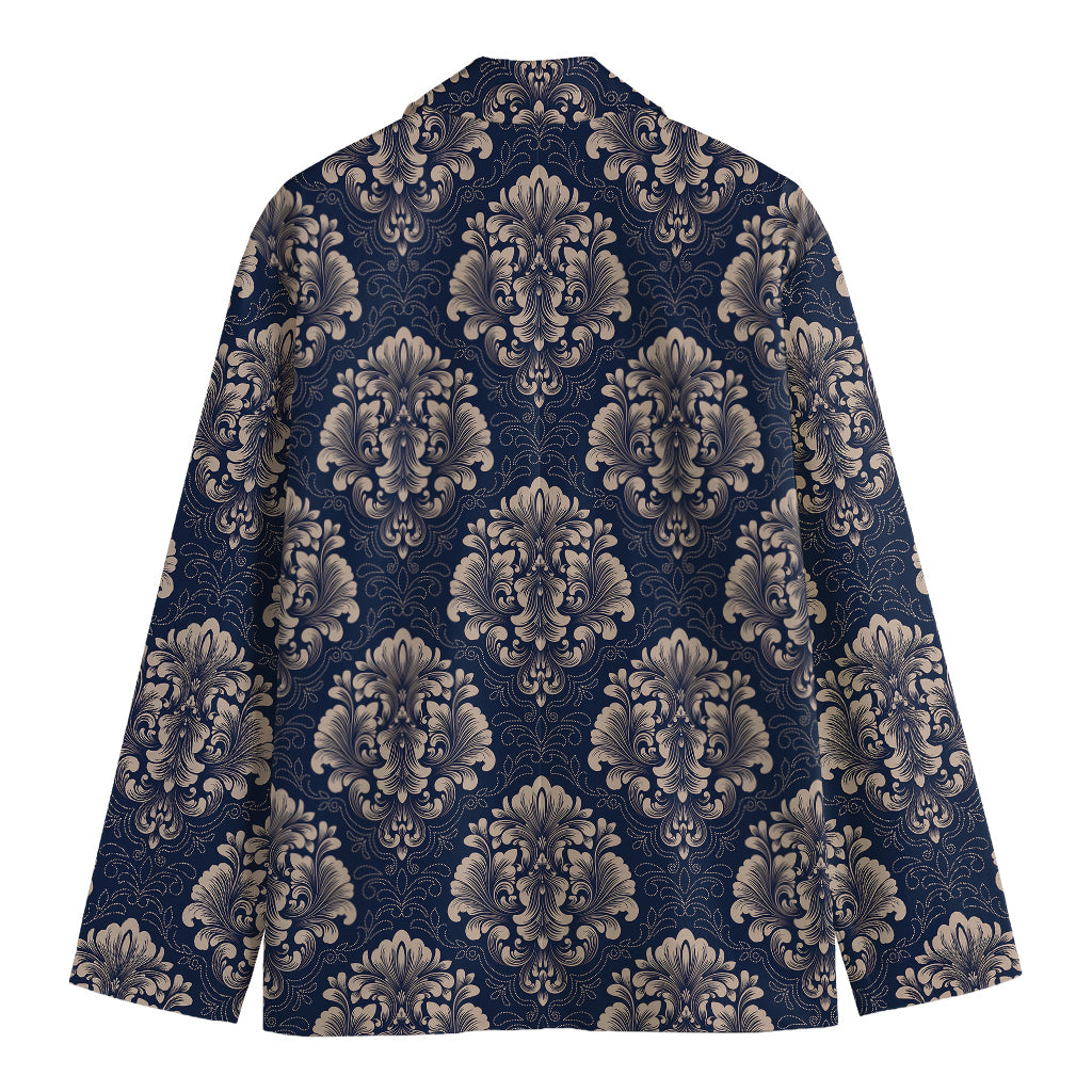 Blue And Brown Damask Pattern Print Men's Cotton Blazer