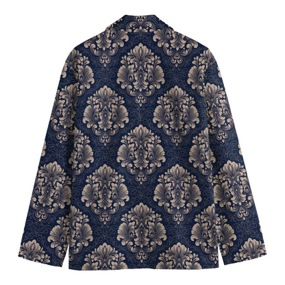 Blue And Brown Damask Pattern Print Men's Cotton Blazer
