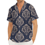 Blue And Brown Damask Pattern Print Men's Deep V-Neck Shirt