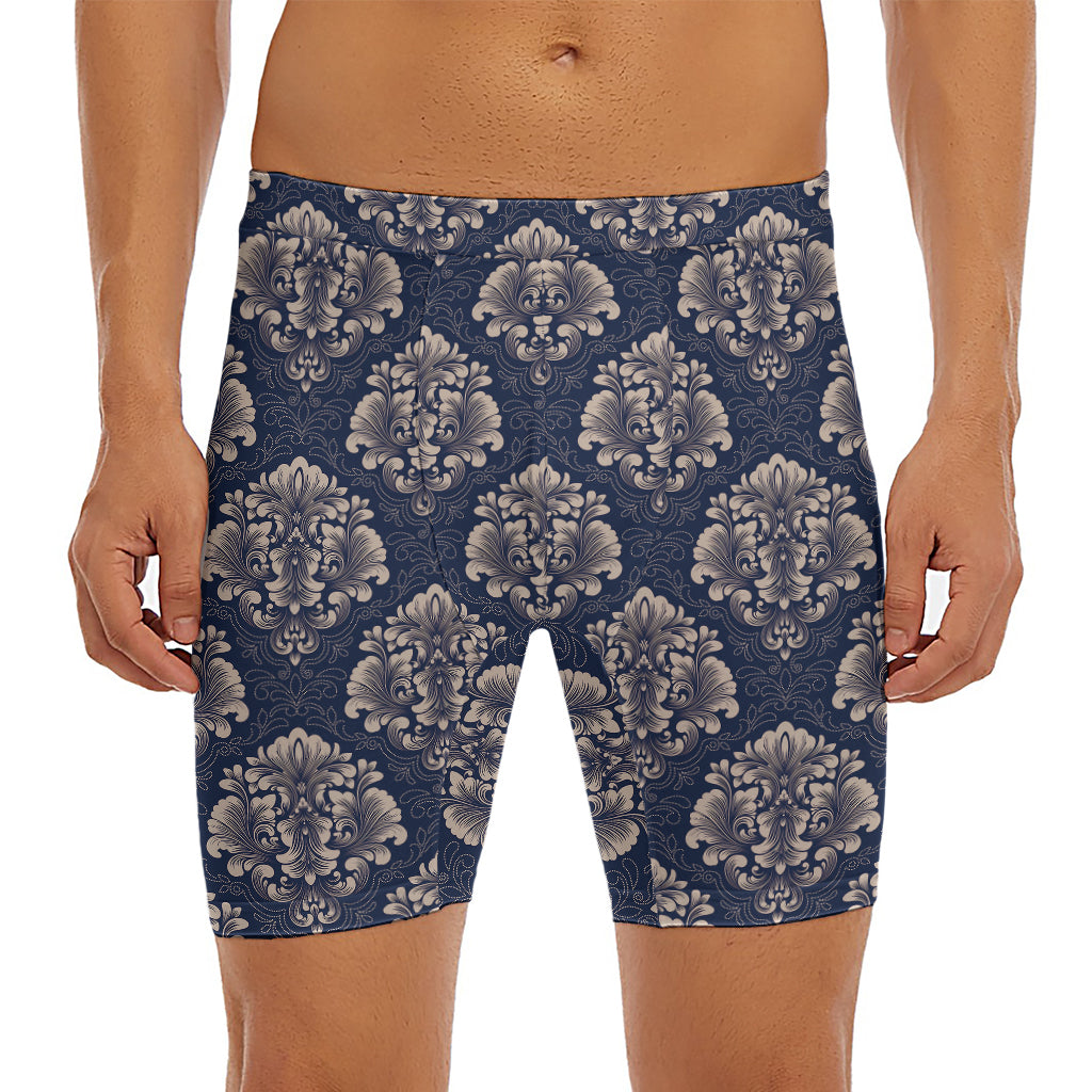 Blue And Brown Damask Pattern Print Men's Long Boxer Briefs