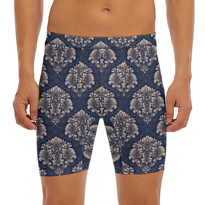 Blue And Brown Damask Pattern Print Men's Long Boxer Briefs