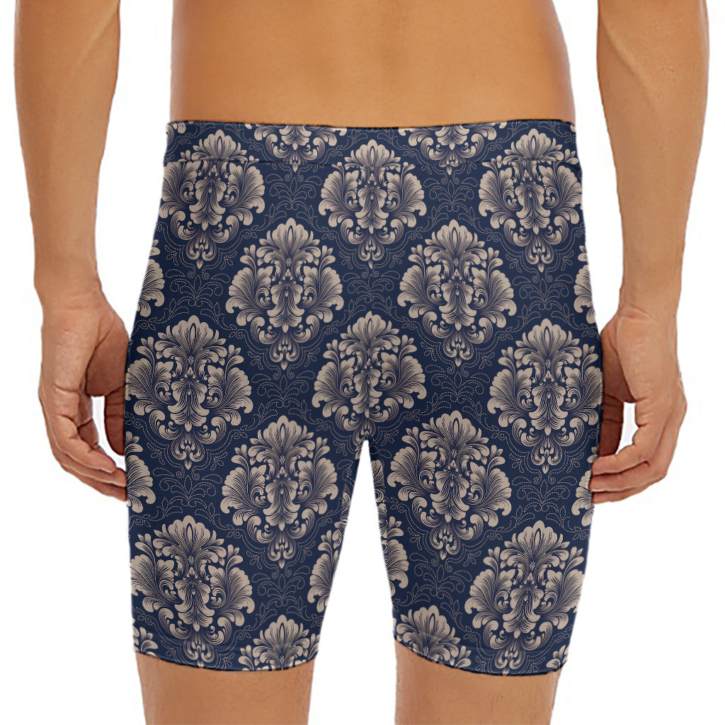 Blue And Brown Damask Pattern Print Men's Long Boxer Briefs