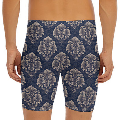 Blue And Brown Damask Pattern Print Men's Long Boxer Briefs
