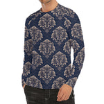 Blue And Brown Damask Pattern Print Men's Long Sleeve Rash Guard