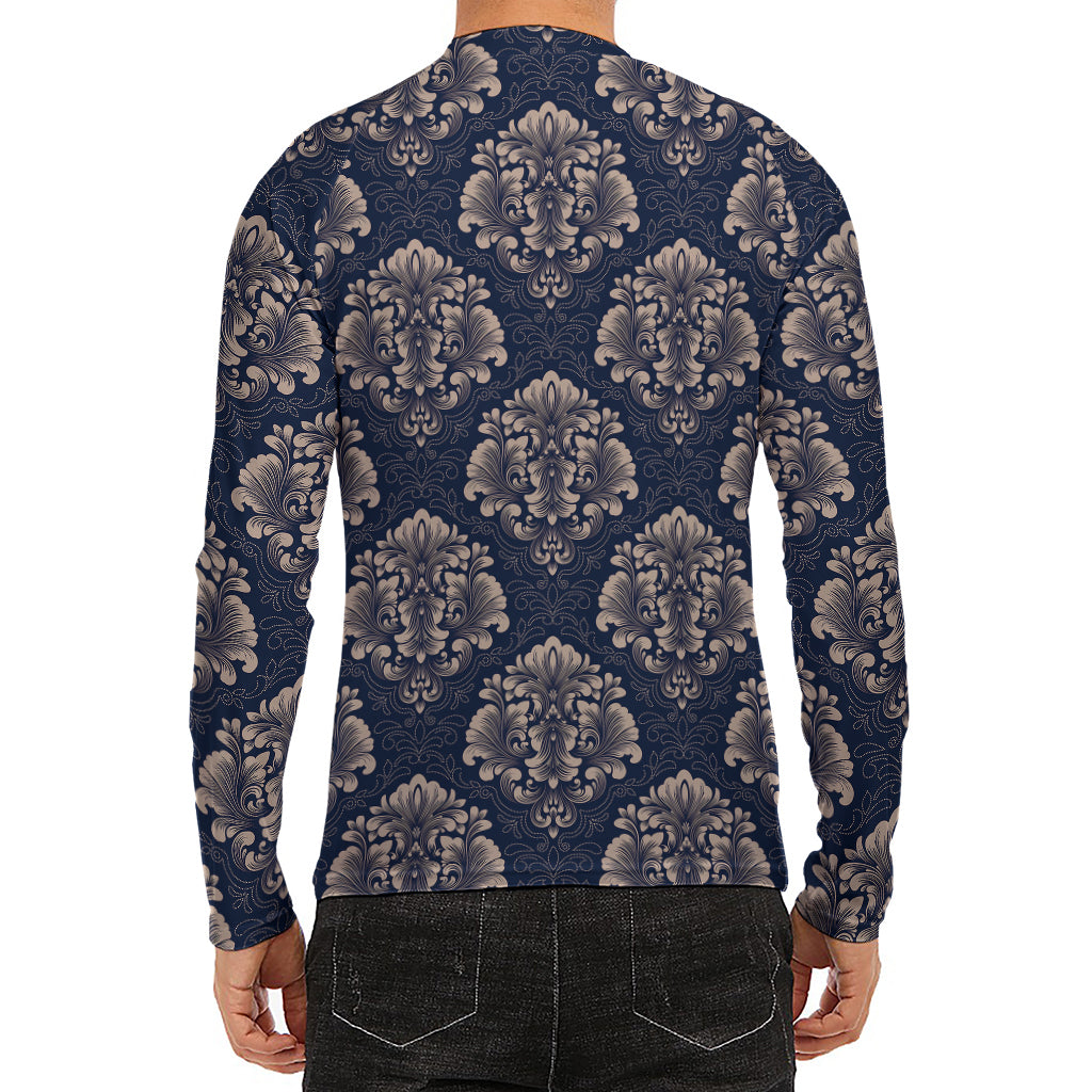 Blue And Brown Damask Pattern Print Men's Long Sleeve Rash Guard