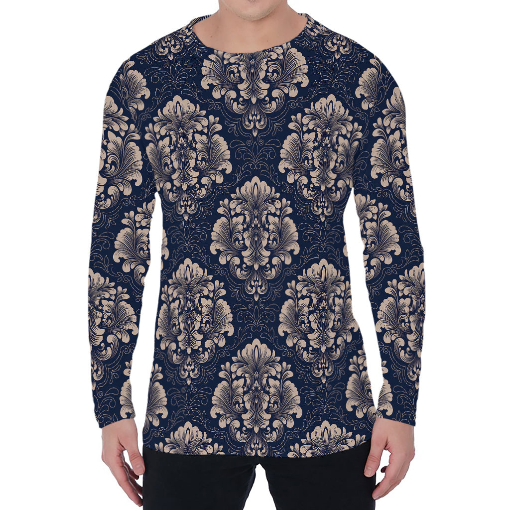 Blue And Brown Damask Pattern Print Men's Long Sleeve T-Shirt