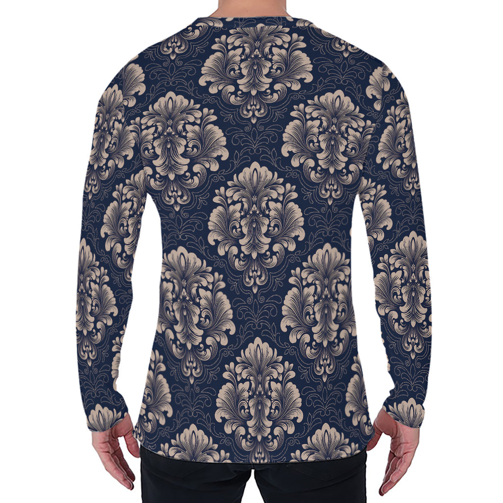 Blue And Brown Damask Pattern Print Men's Long Sleeve T-Shirt