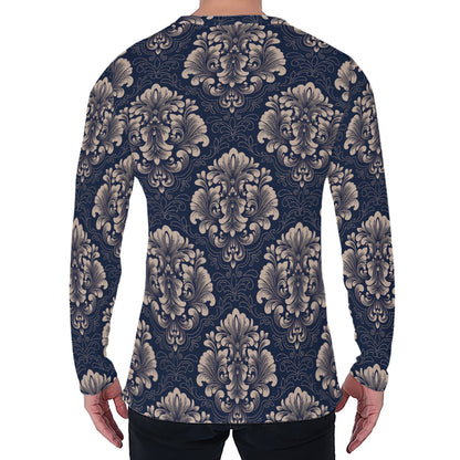 Blue And Brown Damask Pattern Print Men's Long Sleeve T-Shirt
