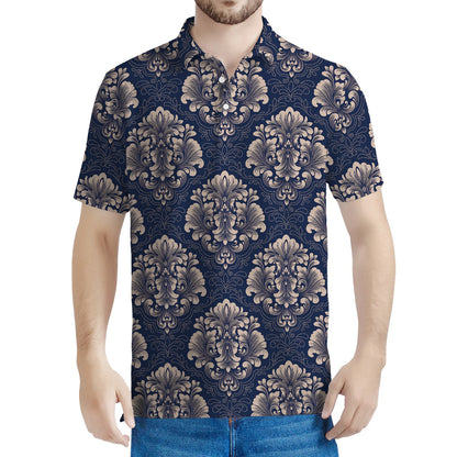 Blue And Brown Damask Pattern Print Men's Polo Shirt