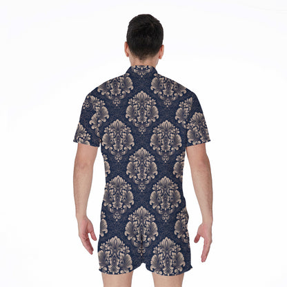 Blue And Brown Damask Pattern Print Men's Rompers