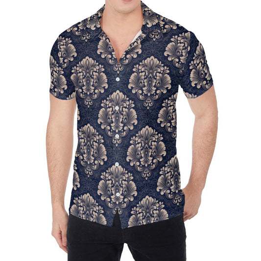 Blue And Brown Damask Pattern Print Men's Shirt
