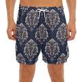 Blue And Brown Damask Pattern Print Men's Split Running Shorts