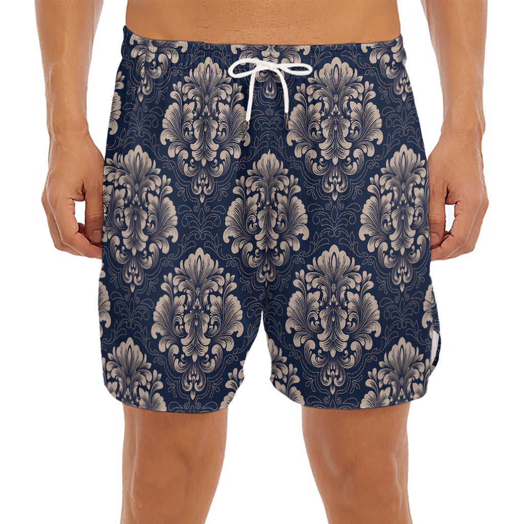 Blue And Brown Damask Pattern Print Men's Split Running Shorts