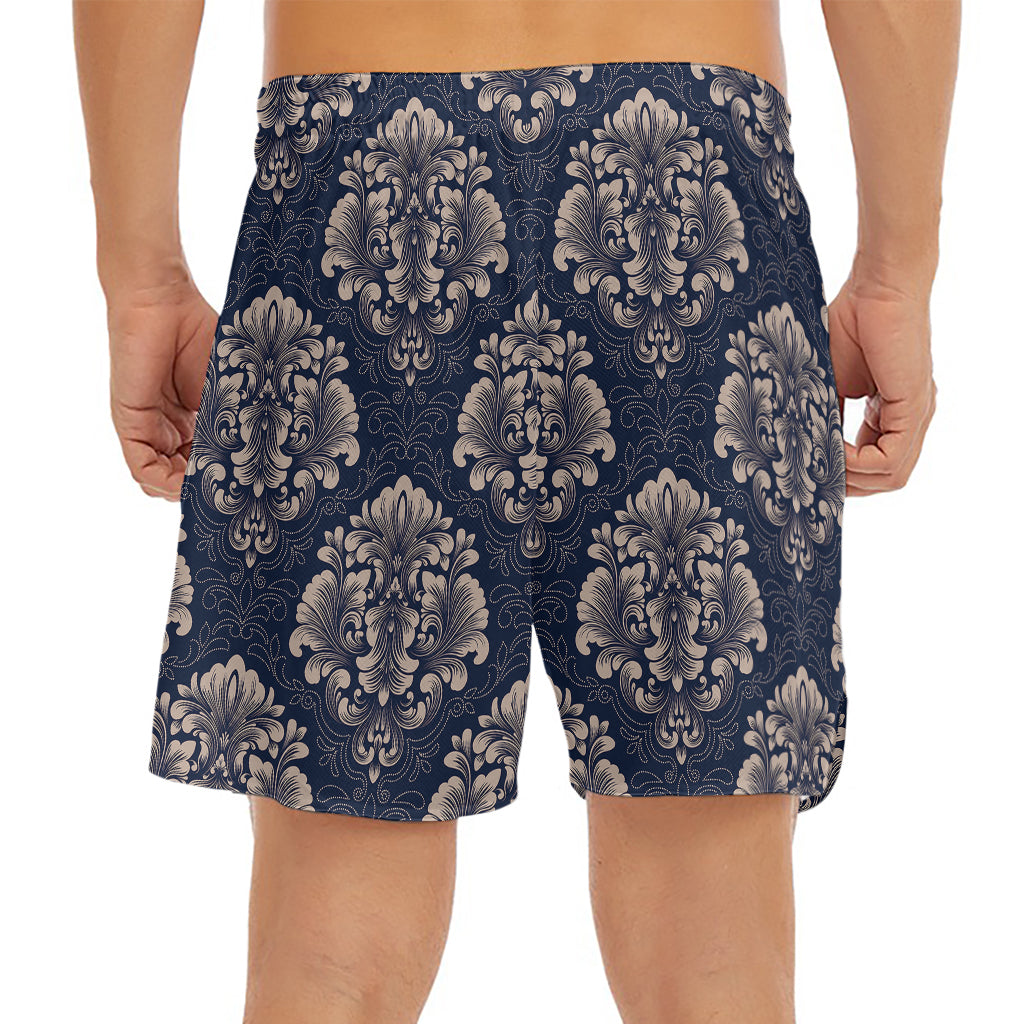 Blue And Brown Damask Pattern Print Men's Split Running Shorts