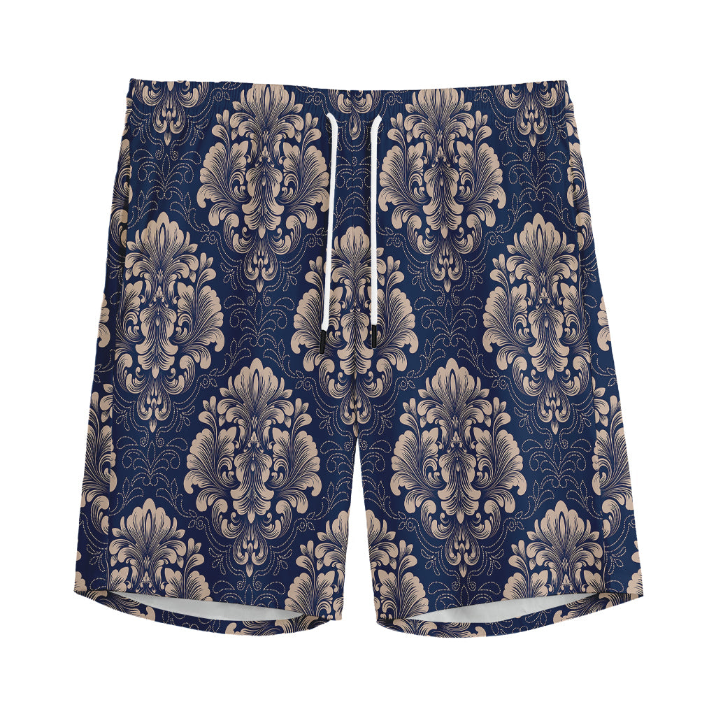 Blue And Brown Damask Pattern Print Men's Sports Shorts