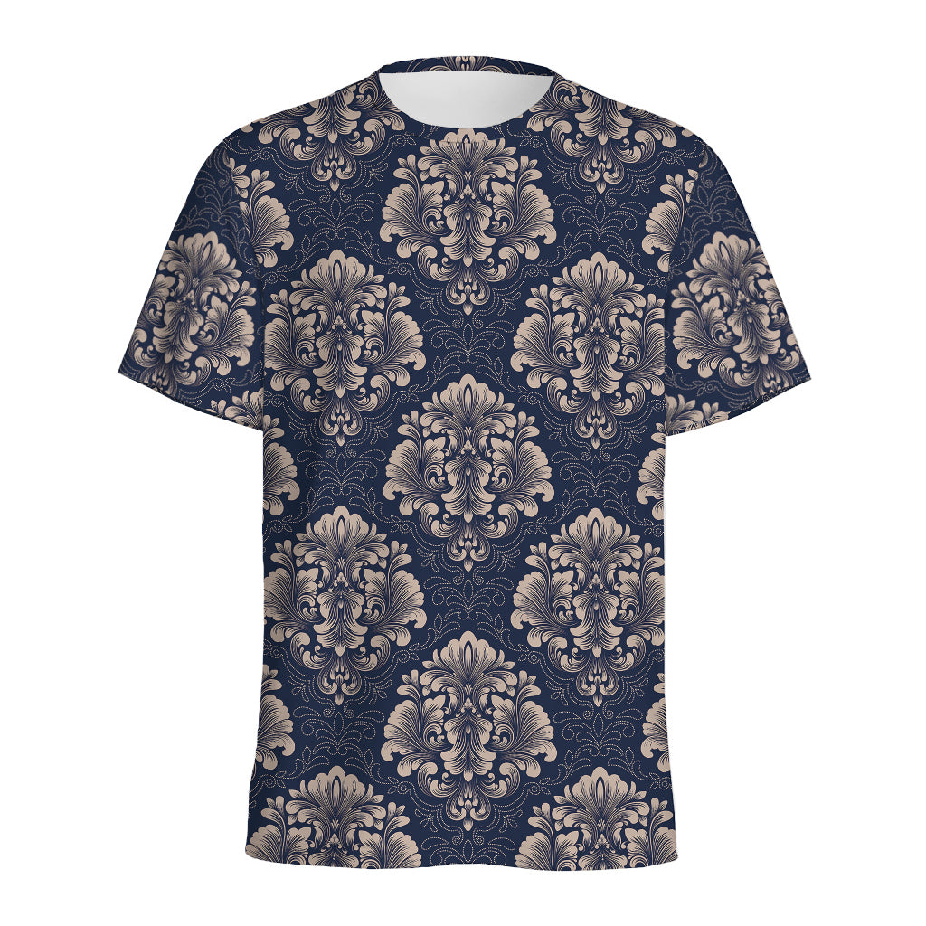 Blue And Brown Damask Pattern Print Men's Sports T-Shirt