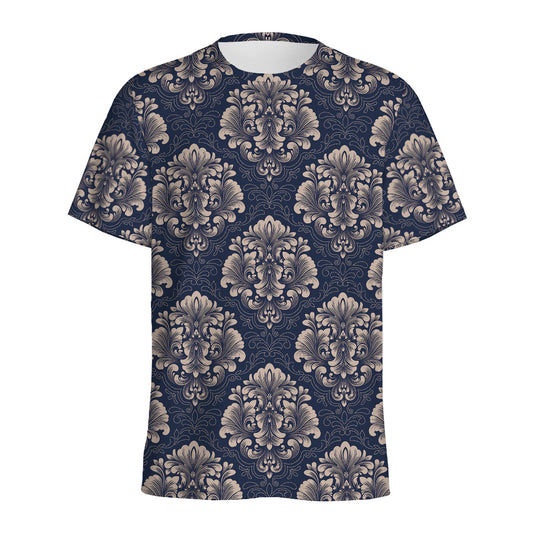 Blue And Brown Damask Pattern Print Men's Sports T-Shirt