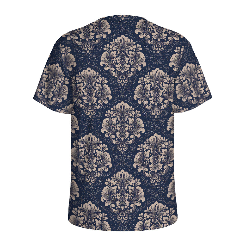 Blue And Brown Damask Pattern Print Men's Sports T-Shirt